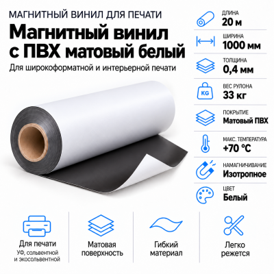 Магнитный винил с ПВХ матовый белый, 20м*1000*0,4мм, PVC-BR,AIC  В Нижнем Новгороде