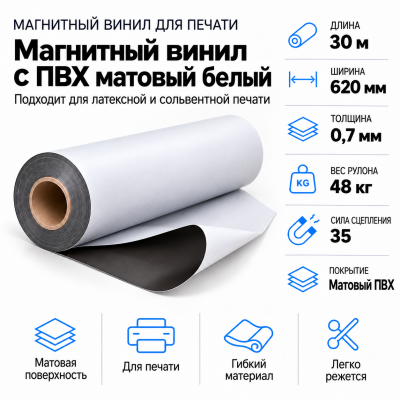 Магнитный винил с ПВХ глянц.бел.,30м*620*0,7мм, PVC-BR, AIC  В Нижнем Новгороде